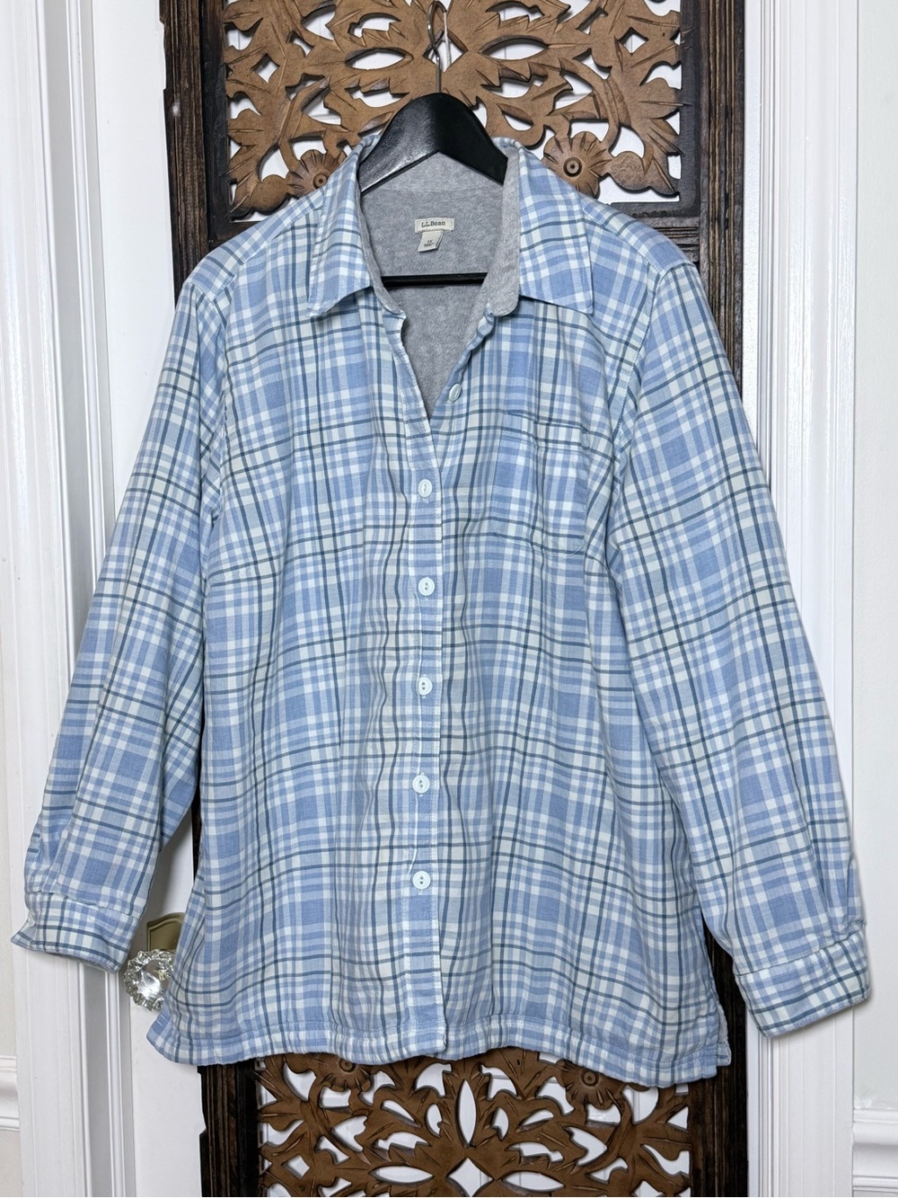L.L. Bean Fleece Lined Flannel Shirt Jacket Blue Plaid Button Front Plus 1X